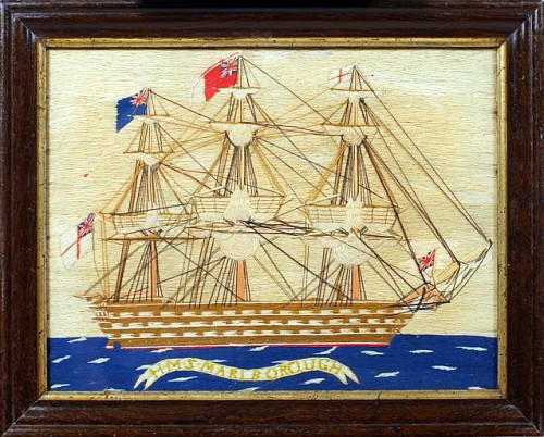 An English Woolwork Picture-woolie- of H.M.S. Marlborough, Circa 1870 SOLD •