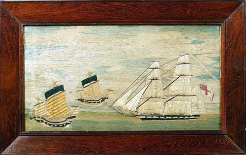 A British Silkwork Picture of a British Ship and Two Chinese Junks, Circa 1875 SOLD •