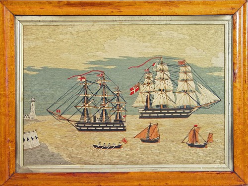 A Fine Sailor's Woolie Picture of  Multiple Ships & Figures, Circa 1875 SOLD •