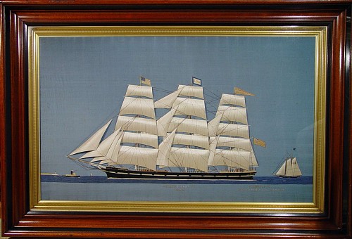 A Superb American Massive Silkwork Picture of the ship, "Carbet Castle" in original frame, Circa 1885-95. SOLD •