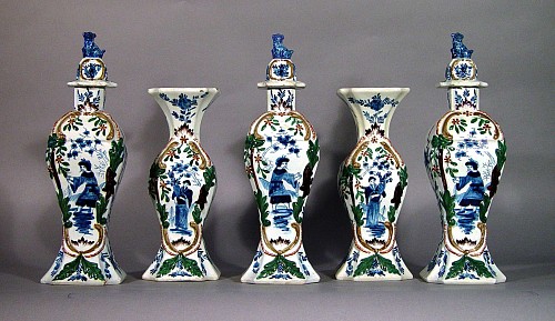 Dutch Delft Five Piece Garniture of Vases, Circa 1764 SOLD •