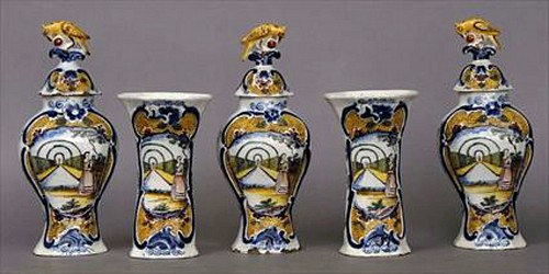 Dutch Delft Five Piece Yellow Garniture of Vases, Circa 1760 SOLD •