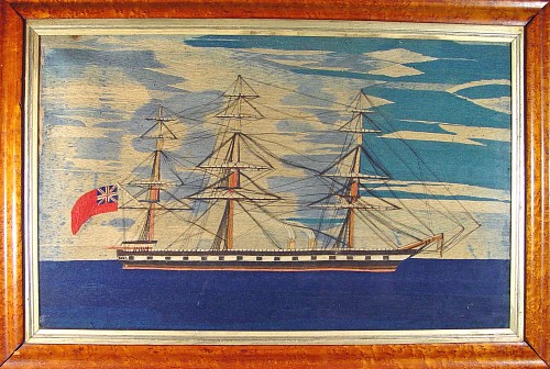 Inventory: A Large British Sailor's Woolwork Picture (woolie) of A Ship, circa 1870 SOLD &bull;