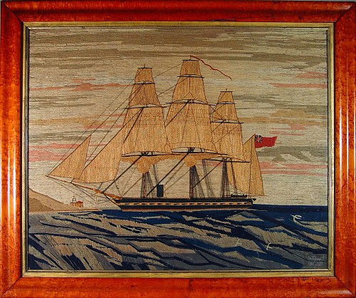 Inventory: A Large British Sailor's Woolwork (woolie) Picture of the Ship H.M.S. Aurora with cotton sails, Circa 1870. SOLD &bull;