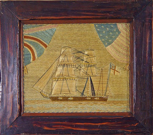 A Sailor's Silkwork Picture of a Royal Navy Sloop Flanked by the Union Jack and the American Flag, Circa 1875. SOLD •