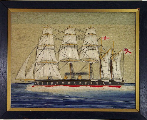 A British Sailor's Woolwork Picture of a Minatour Class Ironclad, probably H.M.S. Agincourt, Circa 1870. SOLD •
