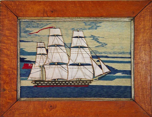 A Small Sailor's Woolwork Picture of a Royal Navy Ship, Circa 1870 SOLD •