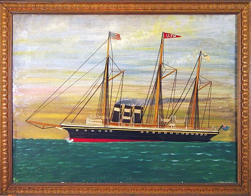 Silk and Canvas Picture of a British Ship in American Waters, Dated 1901. SOLD •