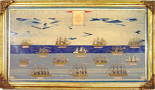 Sailor's Woolwork British Woolwork Picture -Woolie- of a Fleet of Fourteen Different Ships and signed by George McCarthy ,, Circa 1870-80. SOLD •