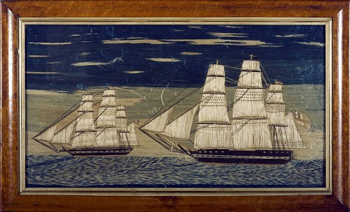 Sailor's Woolwork British Sailor's Silkwork Picture (Woolie) of Two Frigates, Circa 1865-70 SOLD •