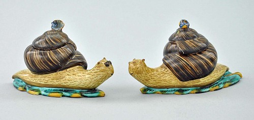 A Pair of Continental Faience Tureens in the form of Snails, Probably Holitch, Circa 1760-70 SOLD •