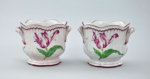 A Pair of French Faience Cache Pots, SOLD •