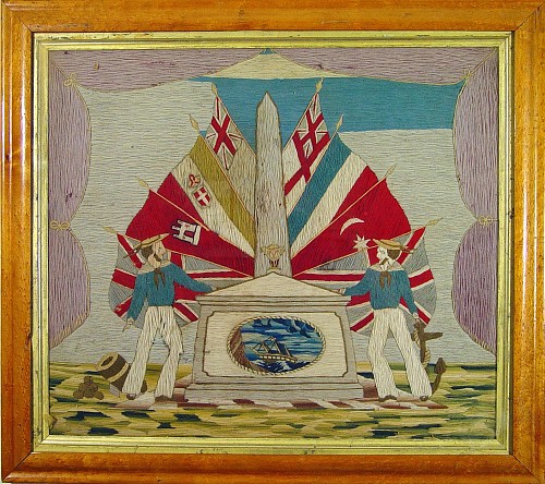 A Sailor's Woolwork Picture of Two Sailors by a Maritime Memorial, Circa 1870 SOLD •