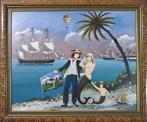 A Ralph Cahoon Painting of a Sailor holding a Painting named "Cape Cod" with Mermaid and Girl, signed L.R. "R. Cahoon" 
oil on Swedish masonite 
16 by 20 in. SOLD •