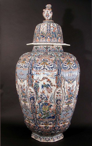 A Dutch Delft Tin Glazed Earthenware Imari Vase & Cover of Immense Proportions, Circa 1870. SOLD •