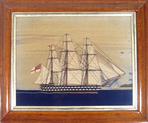 A Sailor's Woolie of a Second Rate Royal Navy Ship Approaching Land, Circa 1870 SOLD •