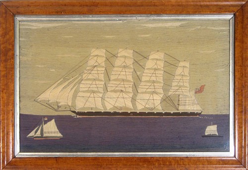 A Sailor's Woolie of a Large Clipper Ship named THE ELIEN  with Two Smaller Vessels. Circa 1870 SOLD •