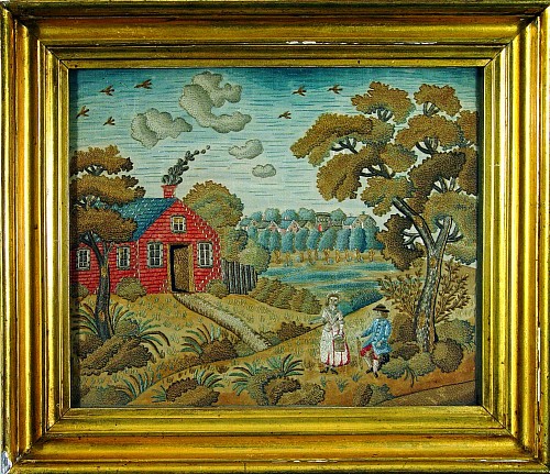 Inventory: A Fine English Silkwork of a Landscape Scene with Red House and Townscape, Circa 1770 SOLD &bull;
