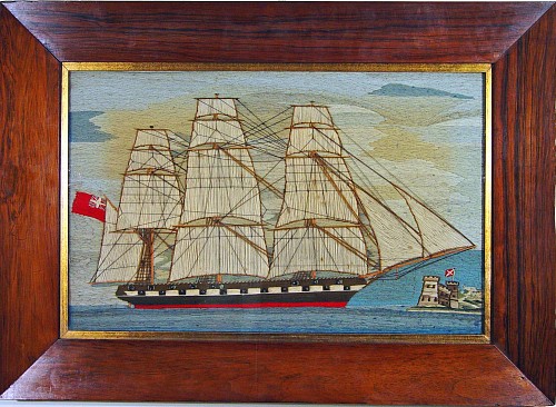 A British Sailor's Woolie Depicting a Royal Navy Ship, Circa 1870 SOLD •