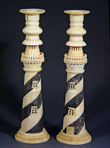 A Pair of Anglo-Indian Bone Candlesticks in the form of Lighthouses,
circa 1880-1900 SOLD •