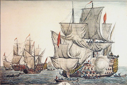 Engraving of H.M.S. Grande Bretagne by A. Roublard, Dated 1709 SOLD •