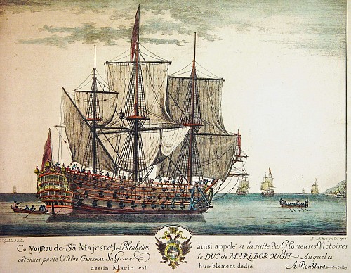 Engraving of H.M.S. Blenheim by A. Roublard, Dated 1704. SOLD •