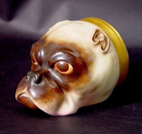 An Unusual German Porcelain Stirrup Cup in the form of a Pug,  Circa 1860. SOLD •
