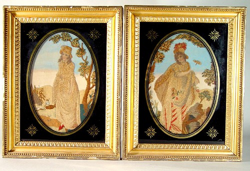 A Fine Pair of Regency Needlework Pictures of Young Ladies in Silk, Circa 1790-1800 SOLD •