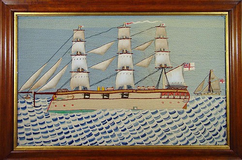 A British Sailor's Woolwork of a Royal Navy Ironclad with Trapunto Sails, Circa 1880 SOLD •
