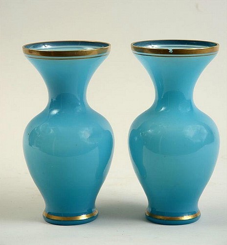 A Pair of French Blue Opaline Vases, 19th Century SOLD •