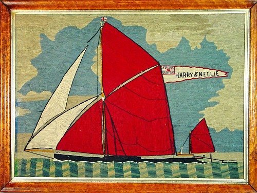 Sailor's Woolwork -Woolie- of a Thames Barge with banner reading Harry & Nellie, Circa 1885-1900. SOLD •
