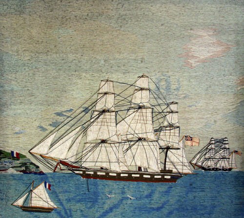 An Unusual Sailor's Woolie depicting British and American Ships in French Waters, circa 1870 SOLD •