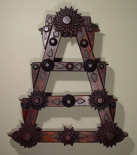 A Fine & Unusual American Chip Carved  Tramp Art Set of Shelves with Applied Sunflower Decoration, Circa 1900 SOLD •