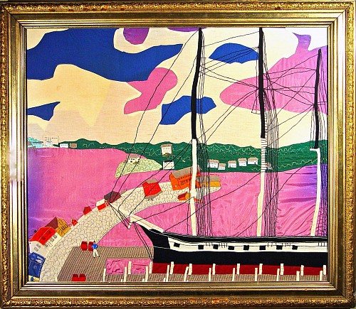 Folk Art Silk and Linen Picture of a Sailing Ship in Landscape, Circa 1930 SOLD •