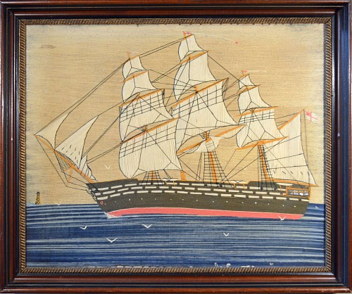 A Large Sailor's Woolwork Picture of a Royal Navy Ship, Circa 1870 SOLD •