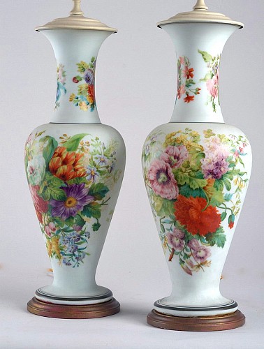 A Pair of French Botanical Opaline Vases Mounted as Lamps, Circa 1860-85. SOLD •