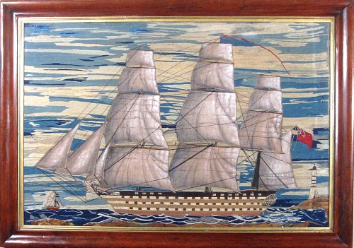 A Fine Sailor's Wolwork (Woolie) Picture of a 1st Rate Royal Navy Battleship, Circa 1860-70. SOLD •