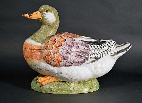 A North German Faience Tureen in the form of a  Duck, Gross Stieten Factory, Mid-18th Century. SOLD •