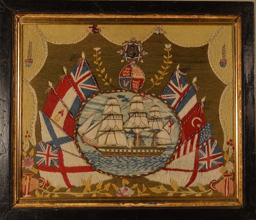 A British Sailor's Woolwork Picture of a Ship with The Flag of Nations, Circa 1870-80 SOLD •