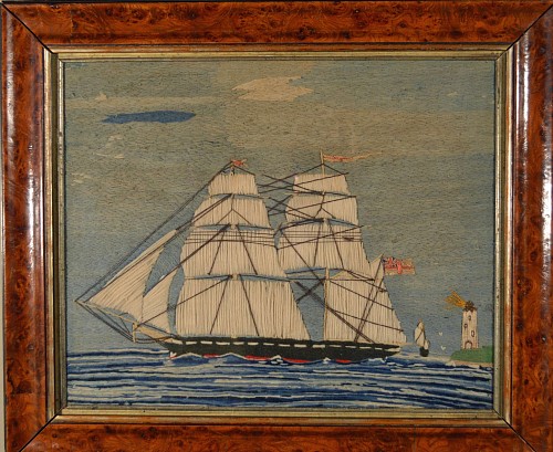 A British Sailor's Woolwork Picture of a Ship, Circa 1870. SOLD •