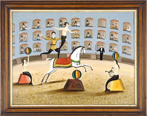 Inventory: Mermaid Circus, A Rare Signed Ralph Cahoon Painting with Circus-subject. SOLD &bull;