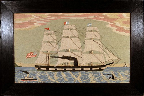 A Fine American Woolwork Picture of Four Ships, Circa 1875. SOLD •