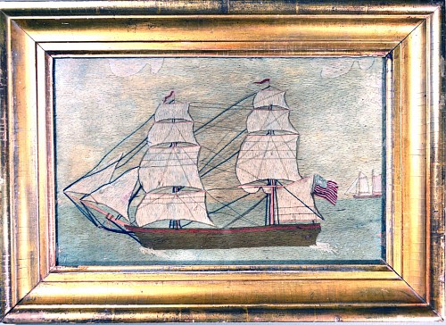 A Rare American Sailor's Woolwork of a Ship, Circa 1765. SOLD •