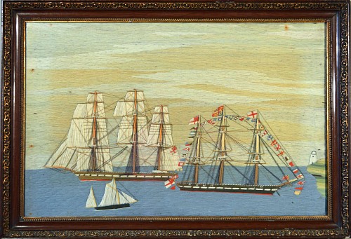 A Signed British Sailor's Woolwork of Three Ships, Signed and dated T. Thorogood, RN,  1860. SOLD •