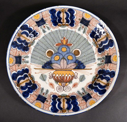 Dutch Delft Polychrome Peacock or Fan Dish, Circa 1760. SOLD •