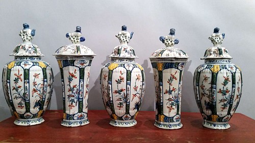 Dutch Delft Dutch Delft Garniture of Five Vases and Covers, 18th Century SOLD •