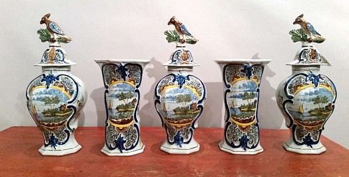 Dutch Delft A Dutch Delft Garniture of Five Vases and Covers, 18th Century SOLD •