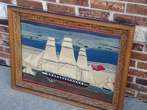 An English Sailor's Woolwork Picture of a Ship, Circa 1865. SOLD •