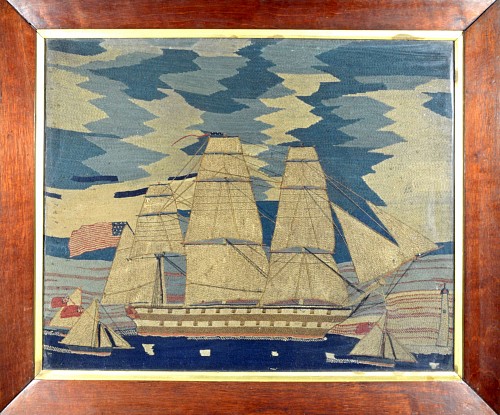 A Large American Sailor's Woolwork Picture of US Navy Ship of the Line in British Waters, Circa 1865. SOLD •