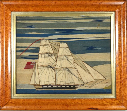 A Charming Small English Sailor's Woolwork of a Royal Navy Sloop, Circa 1870 SOLD •